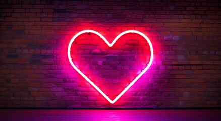 valentines day heart shaped  neon sign on brick wall, horizontal wallpaper for card or banner