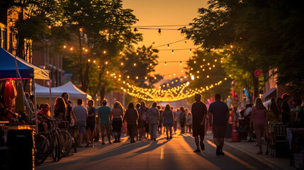 Fototapeta na wymiar A bustling summer street festival at dusk.