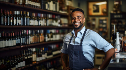 Fototapeta premium Young sommelier dressed in a shirt against the background of a large wine store