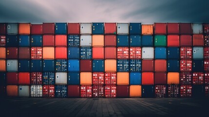 A large stack of shipping containers are stacked up against a cloudy sky, AI