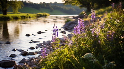 A riverside scene with wildflowers in bloom.