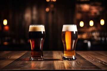 Glasses of light and dark beer on a wooden table against the backdrop of a pub - obrazy, fototapety, plakaty