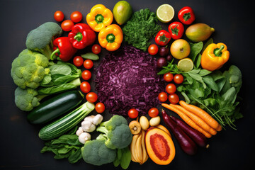 Healthy food choices, foods high in vitamins, minerals and antioxidants. Vegetables. View from above