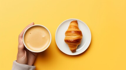 Coffee break, breakfast with espresso and croissant. Hands holding a cup. Travel concept. Top view, copy space.