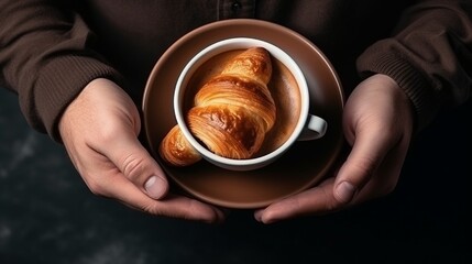 Coffee break, breakfast with espresso and croissant. Hands holding a cup. Travel concept. Top view, copy space.
