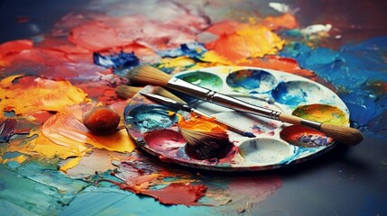 creative image, artist's palette with oil paints and brushes, closeup
