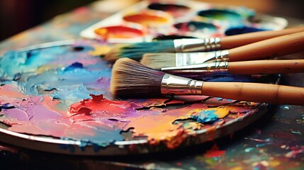 creative image, artist's palette with oil paints and brushes, closeup
