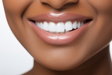 Radiant Black Woman Smiling with Perfect White Teeth on Solid White Background