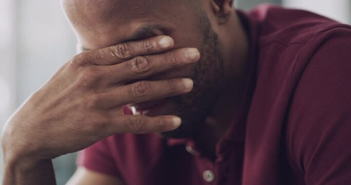 Black man, crying and sad depression, stress and home with loneliness, emotions and unhappy. Heartbreak, grief and house with mental health, upset and frustrated with sorrow, anxiety and tears