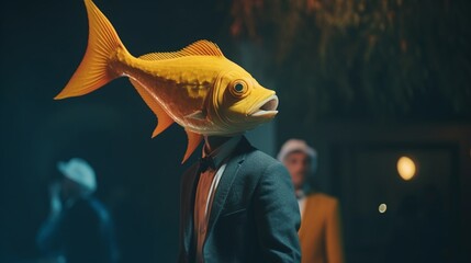 Cinematic shot of a man with a fish head Ai Generative - obrazy, fototapety, plakaty