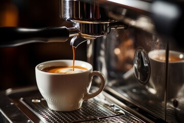Close-up of a Professional Coffee Maker Brewing Rich Mocha Coffee into a White Cup