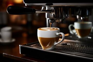 Coffee Artistry. Professional Espresso Machine Brews Scrumptious Coffee into a Gorgeous Brown Cup