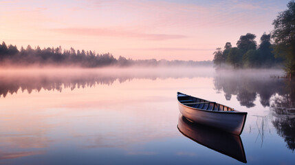 A tranquil summer lake at dawn.
