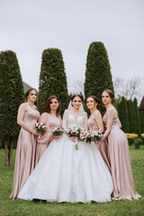 Group portrait of the bride and bridesmaids. Bride in a wedding dress and bridesmaids in pink or powder dresses and holding stylish bouquets on the wedding day.