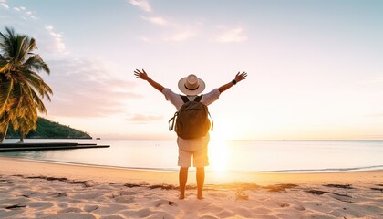Happy man wearing hat and backpack raising arms up on the beach at sunset , Delightful man enjoying peaceful moment walking outdoors , Wellness, healthcare, traveling and mental health
