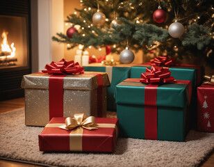 Gift boxes under Christmas tree in living room and burning fireplace