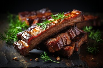 Close up of succulent roasted sliced barbecue pork ribs with tender and flavorful slices of meat