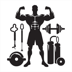 Silhouette of Muscular Dedication: Gym Man Demonstrating Strength, Power, and Fitness Mastery - Muscular Boy Gym Silhouette
