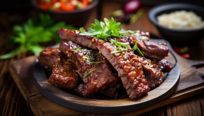 Juicy and mouthwatering close up of tasty roasted sliced barbecue pork ribs with savory sliced meat - obrazy, fototapety, plakaty