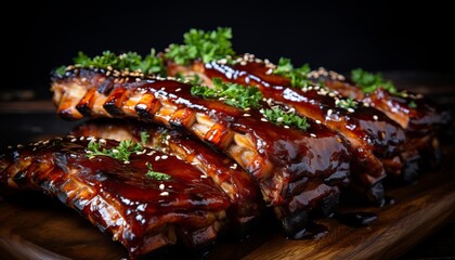Mouthwatering close up of tasty barbecue pork ribs with sliced meat, perfectly roasted