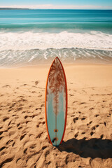 Surfboard and palm trees on sunset beach background.