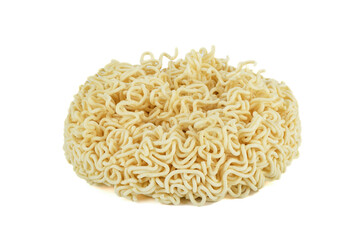 Circle of dry instant noodles on a white background.