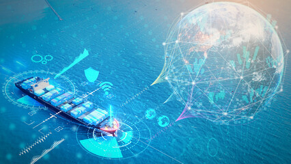 Artificial intelligence container Ship wtih Earth, Data science and big data technology for...