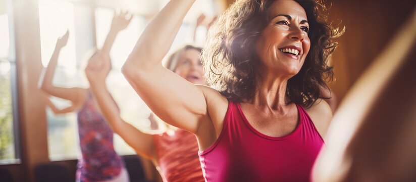 Happy smiling middle-aged women enjoy dancing in the class with her friends