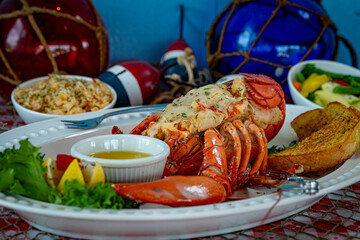 Baked stuffed lobster with drawn butter