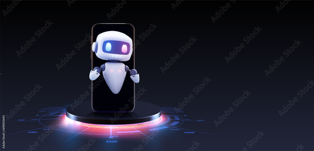 Poster cute neon cartoon robot. ai content generator. chatbot technology. technology and engineering.