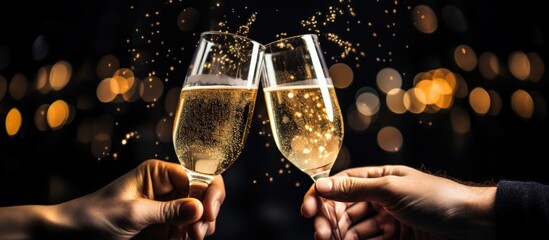 Two hands holding glass of champagne drink to cheering celebration together - obrazy, fototapety, plakaty