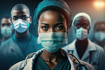 Fototapeta na wymiar Portrait of African-American female doctor wearing protective mask. Healthcare and medicine concept