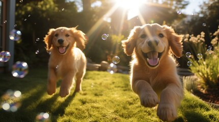 Two adorable golden retriever puppies chasing bubbles in a sunlit backyard.