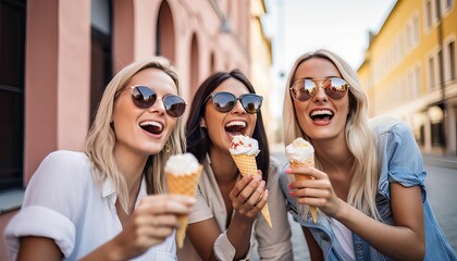 Three cheerful teenage women eating ice cream cones on city street , Happy female tourists enjoying summer vacation, Laughing girl friends taking selfie picture outside , Summertime holidays