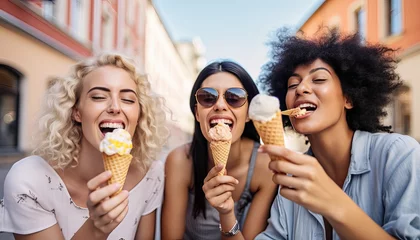 Deurstickers Three cheerful teenage women eating ice cream cones on city street , Happy female tourists enjoying summer vacation, Laughing girl friends taking selfie picture outside , Summertime holidays © Malynka