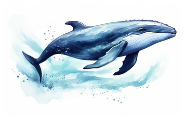 Watercolor animal ocean whale blue background
