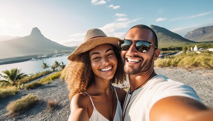 Happy couple taking selfie outside on vacation , Beautiful boyfriend and girlfriend having fun on summer holiday.