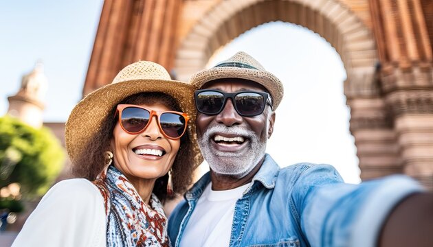 Senior couple taking selfie in Spain, Husband and wife enjoying romantic moment together at summer holiday in Europe - Powered by Adobe