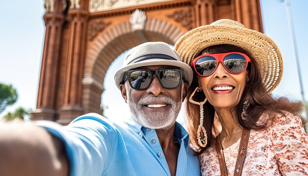 Senior couple taking selfie in Spain, Husband and wife enjoying romantic moment together at summer holiday in Europe