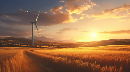 Obraz premium A wind generatots in the middle of wheat field in the sunset light.farm industry