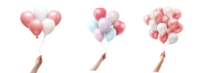 hand holding valentine pastel balloons heart shape white background