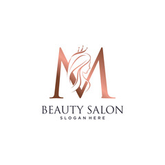 Woman beauty logo design vector illustration with letter m and crown icon - obrazy, fototapety, plakaty