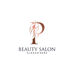 Woman beauty logo design vector illustration with letter p and crown icon