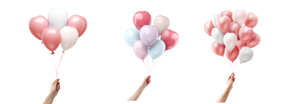 hand holding valentine pastel balloons heart shape white background - Powered by Adobe