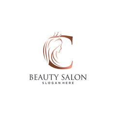 Woman beauty logo design vector illustration with letter c and crown icon