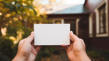 A close-up of hands holding a empty blank white card in front of a house, representing the loss of property due to economic hardship.