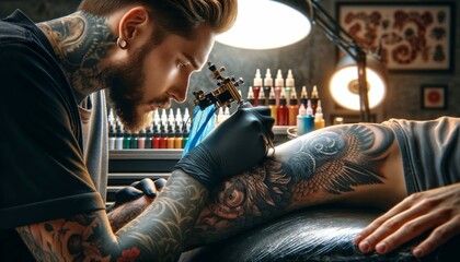 Photo capturing the process of a skilled tattoo artist creating a masterpiece on a client's skin, set in a professional tattoo studio. - obrazy, fototapety, plakaty
