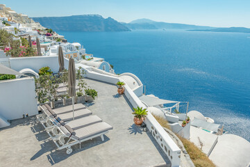 View of Oia town with white houses on Santorini island. Greece.