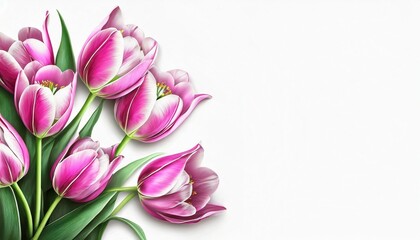 Tapeta różowe Tulipany na białym tle z miejscem do wklejenia. Generative AI - obrazy, fototapety, plakaty