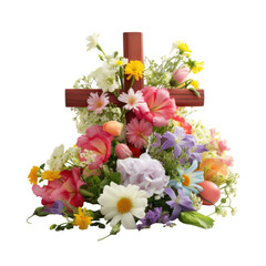 A cross with spring flowers and easter eggs on white background 